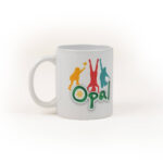 A close up of a while mug with the Opal branding.