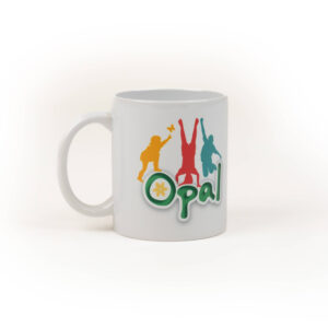 A close up of a while mug with the Opal branding.