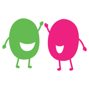 A pink and green Playful Schools character standing next to each other.