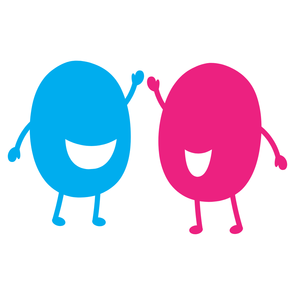 A pink and blue Playful Schools character sranding next to each other.