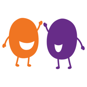 An orange and purple Playful Schools character standing next to each other.