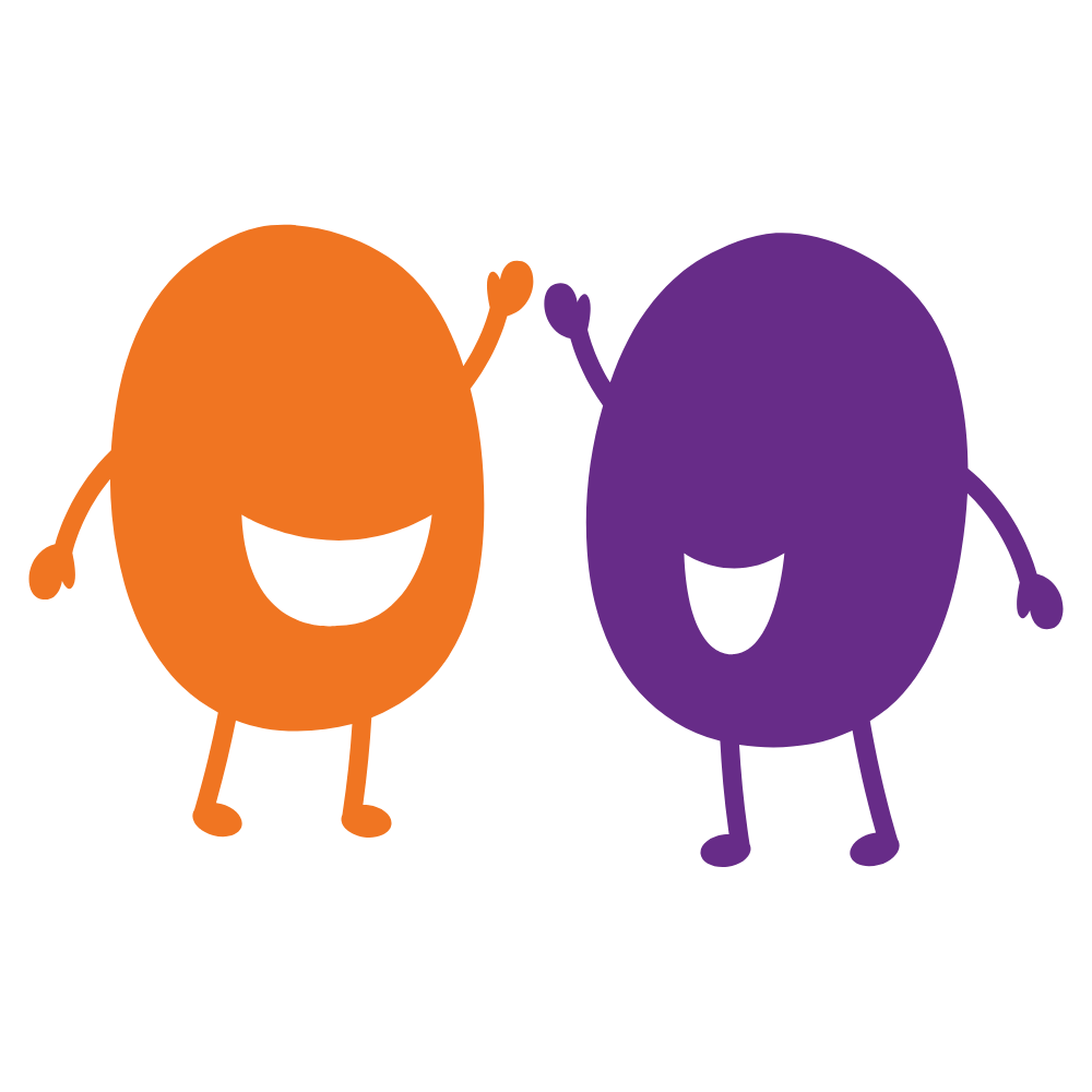 An orange and purple Playful Schools character standing next to each other.